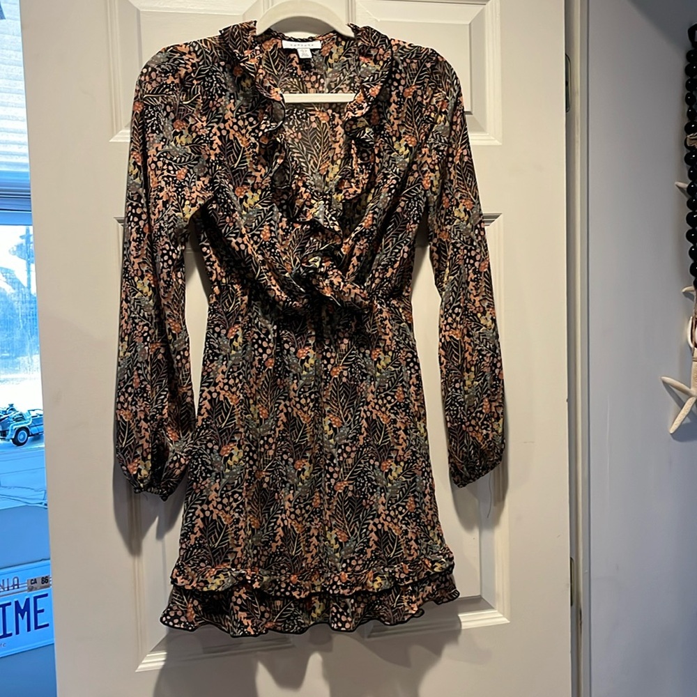 Topshop Floral Ruffle Mini Dress - Black and Orange